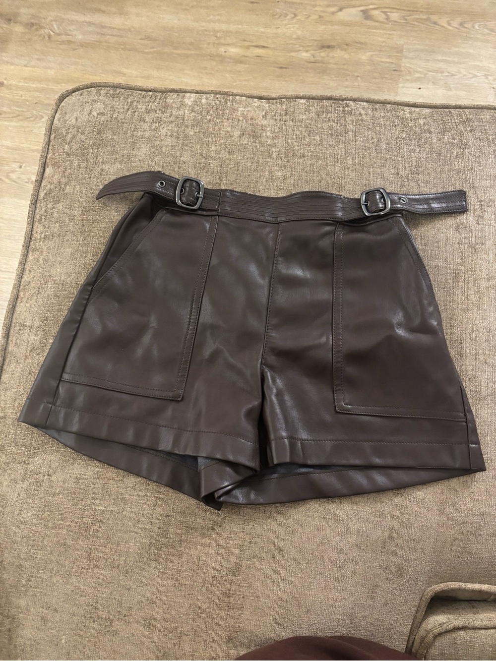 Bar III Dark Brown Faux Leather High-Waist Belted Shorts